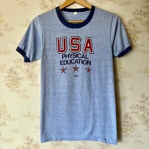 Vintage Women’s 70s USACO Education Ringer Tee | Heather Blue | Size Small